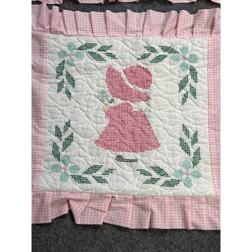 Pink Gingham Embroidered Standard Pillow Shams Ruffled Girl in Dress
